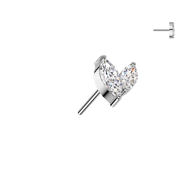 Implant Grade Titanium White CZ Leaf Marquise Gem Push In Threadless Labret With Flat Back
