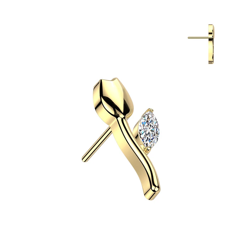 Implant Grade Titanium Gold PVD White CZ Tulip Flower Push In Threadless Labret With Flat Back