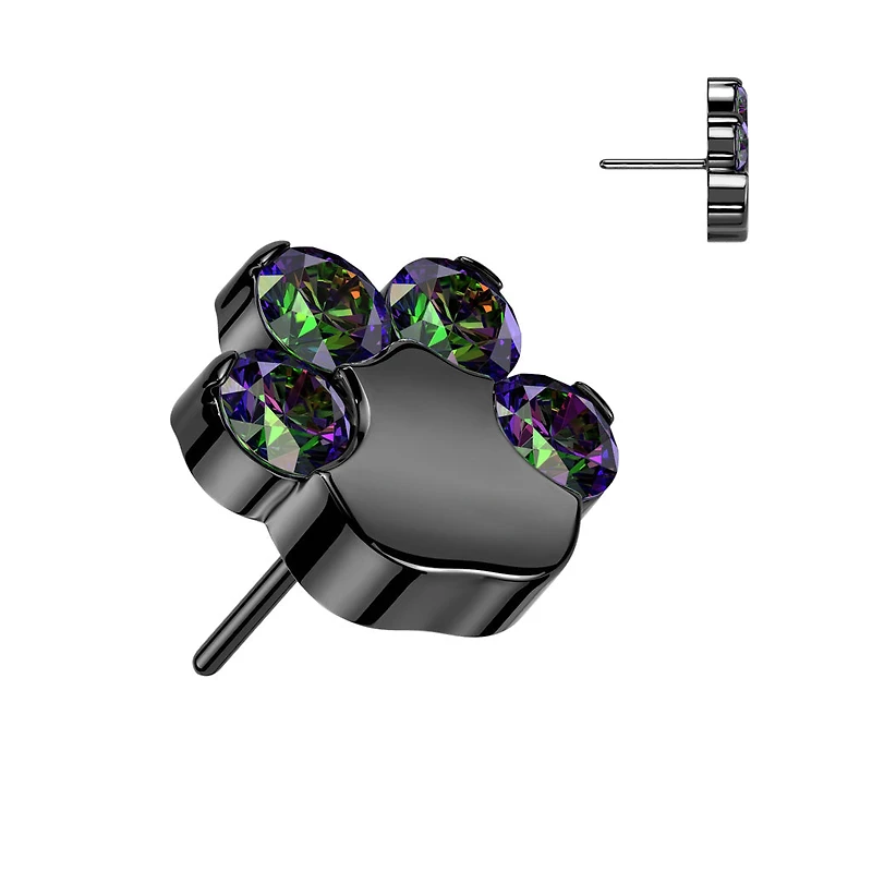 Titanium Black PVD Paw Print Vitrail Medium CZ Threadless Push In Labret