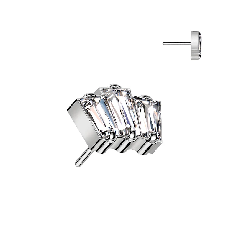 Implant Grade Titanium Triple Baguette White CZ Gem Threadless Push In Labret