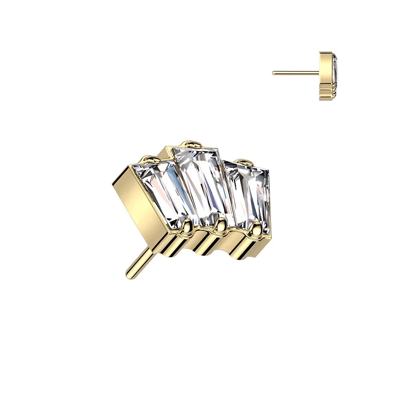 Implant Grade Titanium Gold PVD Triple Baguette White CZ Gem Threadless Push In Labret
