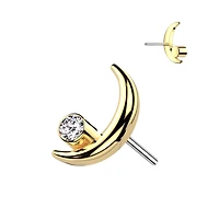 Implant Grade Titanium Gold PVD Crescent Moon White CZ Bezel Gem Threadless Push In Labret