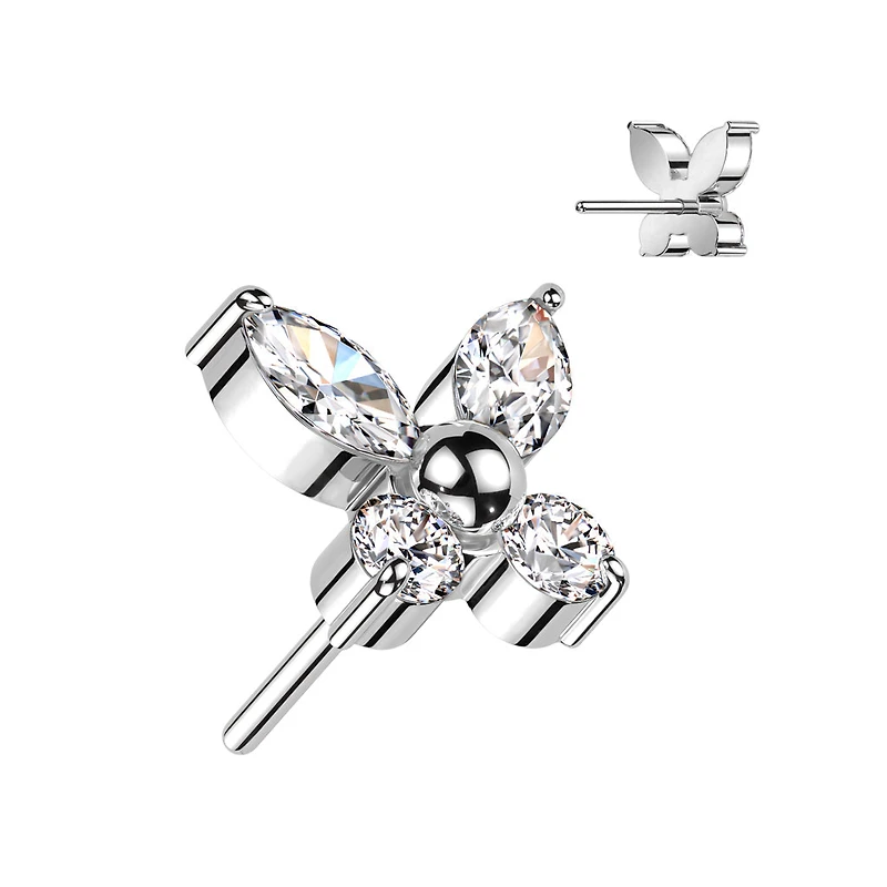 Implant Grade Titanium Dainty White CZ Butterfly Threadless Push In Labret