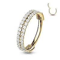 316L Surgical Steel Gold PVD Double Row White CZ Pave Hinged Clicker Hoop