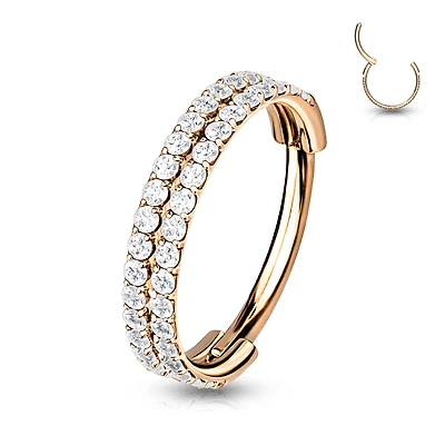 316L Surgical Steel Rose Gold PVD Double Row White CZ Pave Hinged Clicker Hoop
