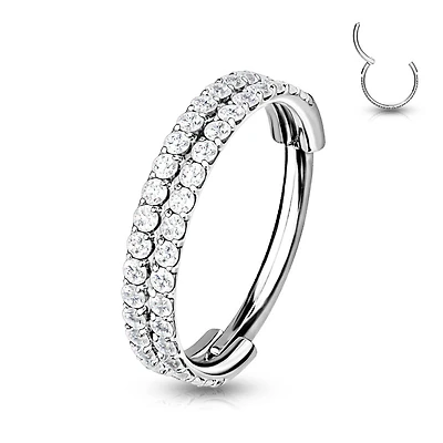 316L Surgical Steel Double Row White CZ Pave Hinged Clicker Hoop