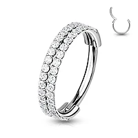 316L Surgical Steel Double Row White CZ Pave Hinged Clicker Hoop