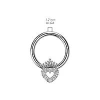 316L Surgical Steel White CZ Heart With Crown Hinged Clicker Hoop