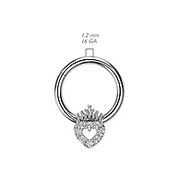 316L Surgical Steel Gold PVD Pink CZ Heart With Crown Hinged Clicker Hoop
