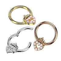 316L Surgical Steel Gold PVD Pink CZ Heart With Crown Hinged Clicker Hoop