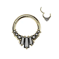 316L Surgical Steel Gold PVD Black CZ Baguette Cluster Hinged Clicker Hoop