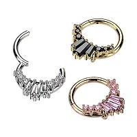 316L Surgical Steel Gold PVD Black CZ Baguette Cluster Hinged Clicker Hoop