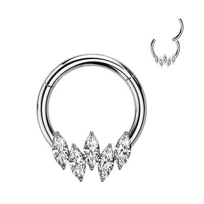 316L Surgical Steel 5 Gem Marquise White CZ Septum Daith Hinged Clicker Hoop
