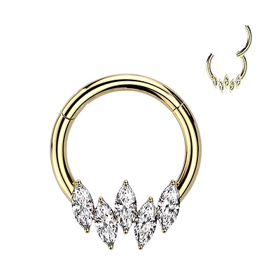 316L Surgical Steel Gold PVD 5 Gem Marquise White CZ Septum Daith Hinged Clicker Hoop