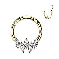 316L Surgical Steel Gold PVD 5 Gem Marquise White CZ Septum Daith Hinged Clicker Hoop