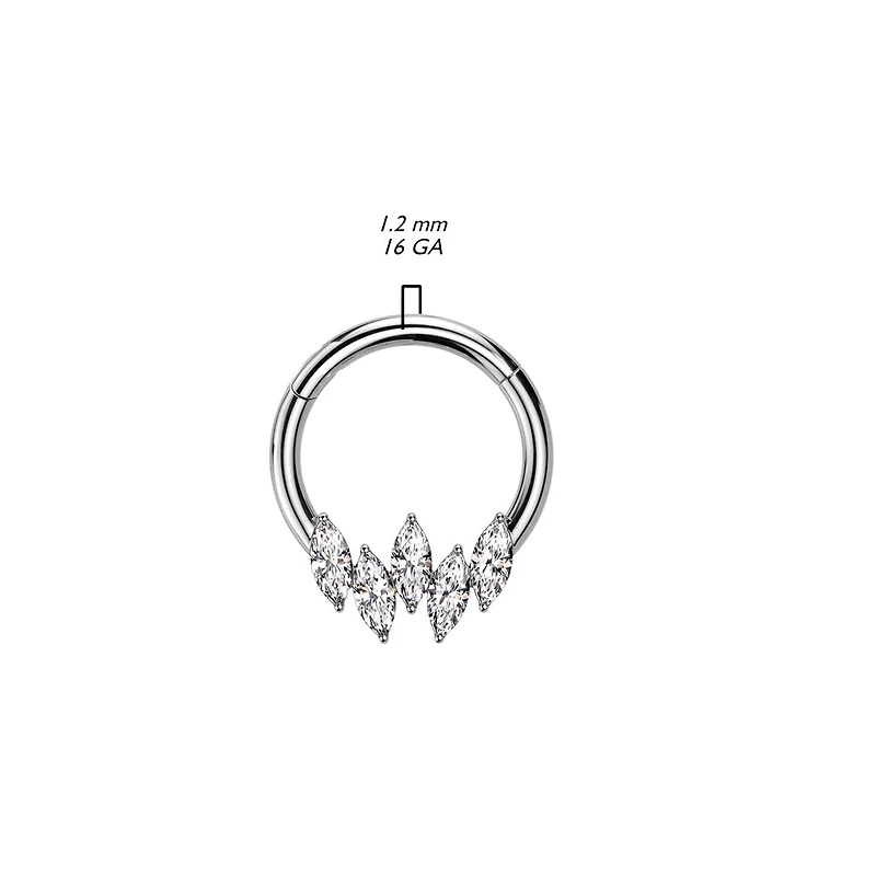 316L Surgical Steel 5 Gem Marquise White CZ Septum Daith Hinged Clicker Hoop