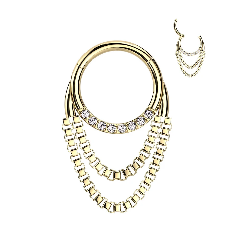 316L Surgical Steel Gold PVD White CZ Gem Chain Dangle Clicker Hoop