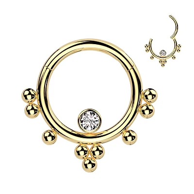 316L Surgical Steel Gold PVD White CZ Beaded Tribal Hinged Clicker Hoop