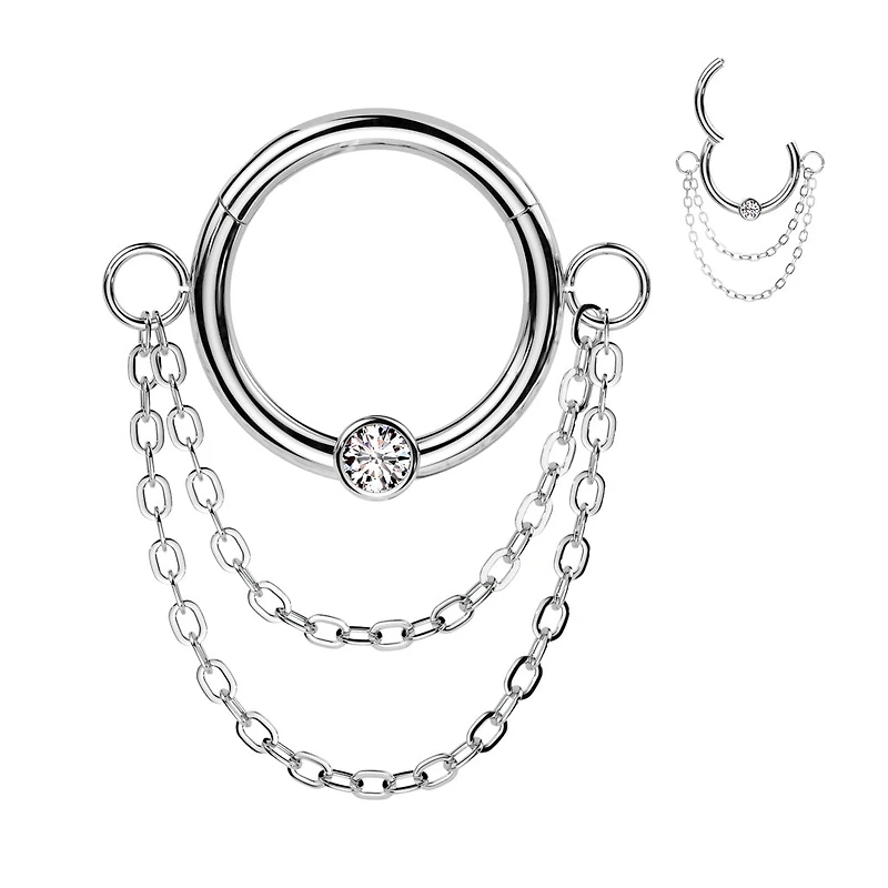 316L Surgical Steel White CZ Double Chain Hinged Clicker Hoop