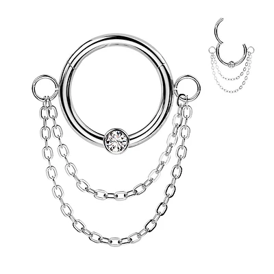 316L Surgical Steel White CZ Double Chain Hinged Clicker Hoop