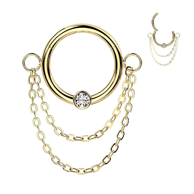 316L Surgical Steel Gold PVD White CZ Double Chain Hinged Clicker Hoop