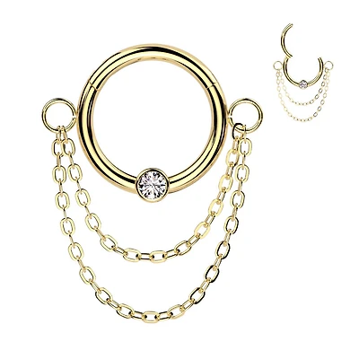 316L Surgical Steel Gold PVD White CZ Double Chain Hinged Clicker Hoop