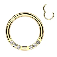 316L Surgical Steel Gold PVD White CZ 6 Gem Pave Hinged Clicker Hoop