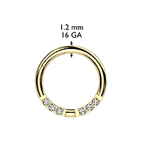 316L Surgical Steel Gold PVD White CZ 6 Gem Pave Hinged Clicker Hoop