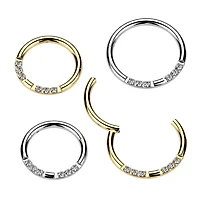 316L Surgical Steel Gold PVD White CZ 6 Gem Pave Hinged Clicker Hoop