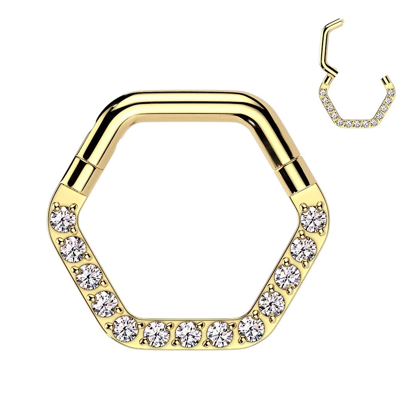 316L Surgical Steel Gold PVD White CZ Pave Hexagon Helix Hinged Clicker Hoop