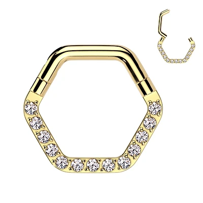 316L Surgical Steel Gold PVD White CZ Pave Hexagon Helix Hinged Clicker Hoop