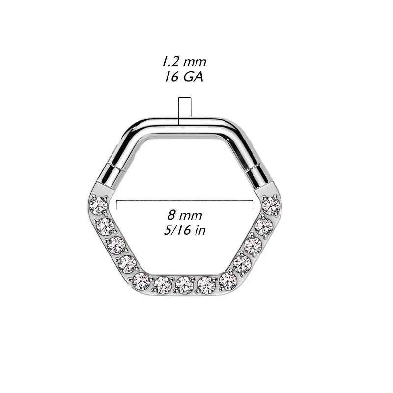 316L Surgical Steel White CZ Pave Hexagon Helix Hinged Clicker Hoop