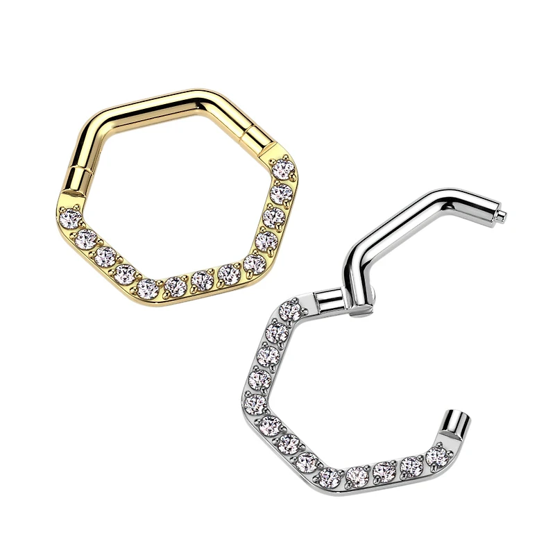 316L Surgical Steel White CZ Pave Hexagon Helix Hinged Clicker Hoop