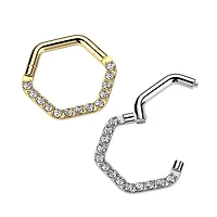 316L Surgical Steel White CZ Pave Hexagon Helix Hinged Clicker Hoop