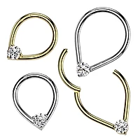 316L Surgical Steel V Shaped White CZ Gem Hinged Clicker Hoop