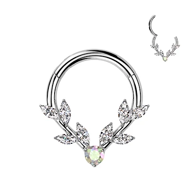 316L Surgical Steel White & Aurora Borealis CZ Vine Hinged V Shaped Clicker Hoop