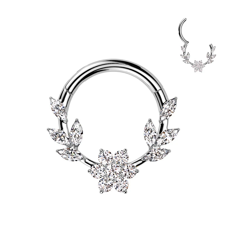 316L Surgical Steel White CZ Dainty Vine Flower Hinged Clicker Hoop
