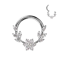 316L Surgical Steel White CZ Dainty Vine Flower Hinged Clicker Hoop