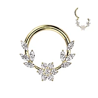 316L Surgical Steel Gold PVD White CZ Dainty Vine Flower Hinged Clicker Hoop