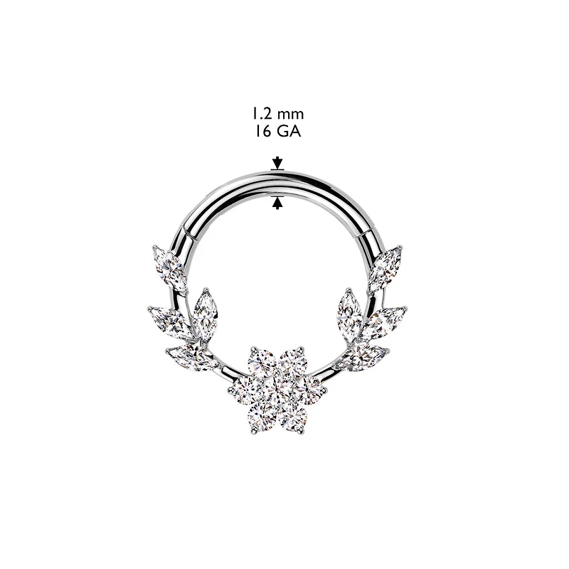 316L Surgical Steel Gold PVD White CZ Dainty Vine Flower Hinged Clicker Hoop