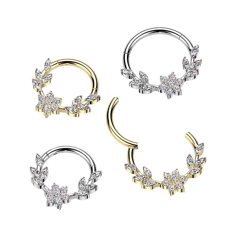 316L Surgical Steel White CZ Dainty Vine Flower Hinged Clicker Hoop
