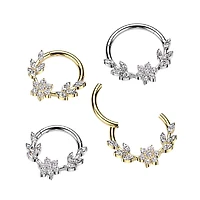 316L Surgical Steel Gold PVD White CZ Dainty Vine Flower Hinged Clicker Hoop