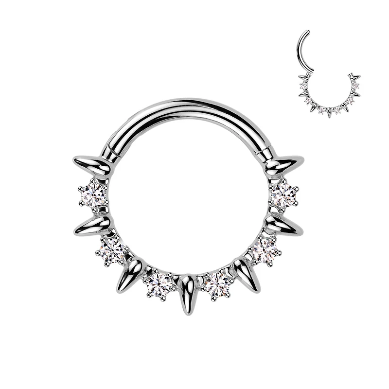 316L Surgical Steel White CZ Clawed Gem With Spike Hinged Clicker Hoop