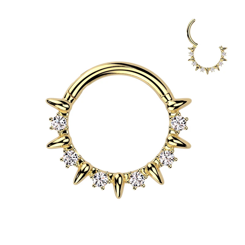 316L Surgical Steel Gold PVD White CZ Clawed Gem With Spike Hinged Clicker Hoop