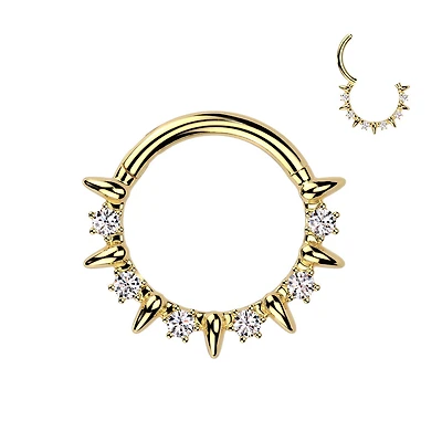316L Surgical Steel Gold PVD White CZ Clawed Gem With Spike Hinged Clicker Hoop