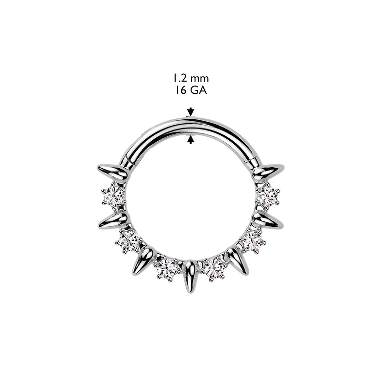 316L Surgical Steel Gold PVD White CZ Clawed Gem With Spike Hinged Clicker Hoop
