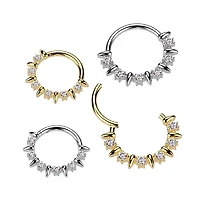 316L Surgical Steel Gold PVD White CZ Clawed Gem With Spike Hinged Clicker Hoop