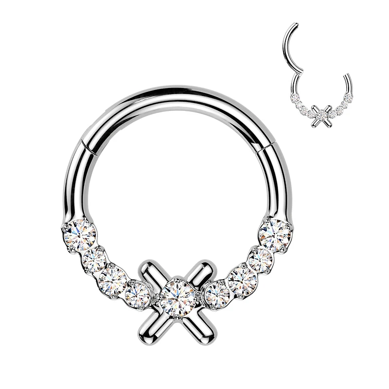 316L Surgical Steel White CZ Dainty X Hinged Clicker Hoop