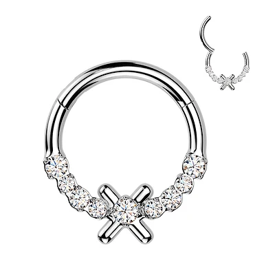 316L Surgical Steel White CZ Dainty X Hinged Clicker Hoop