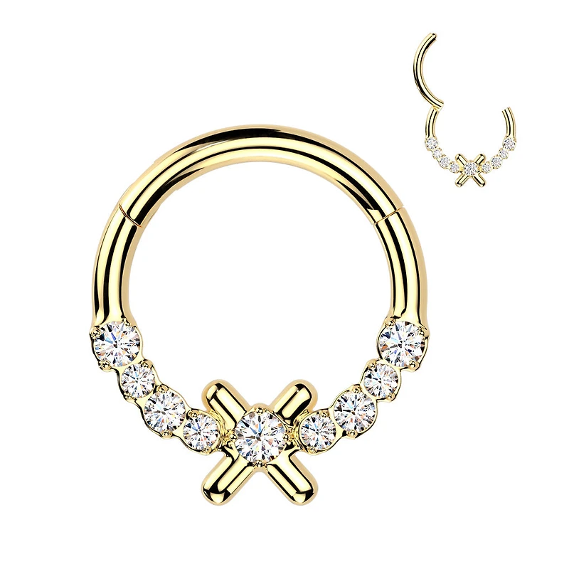 316L Surgical Steel Gold PVD White CZ Dainty X Hinged Clicker Hoop